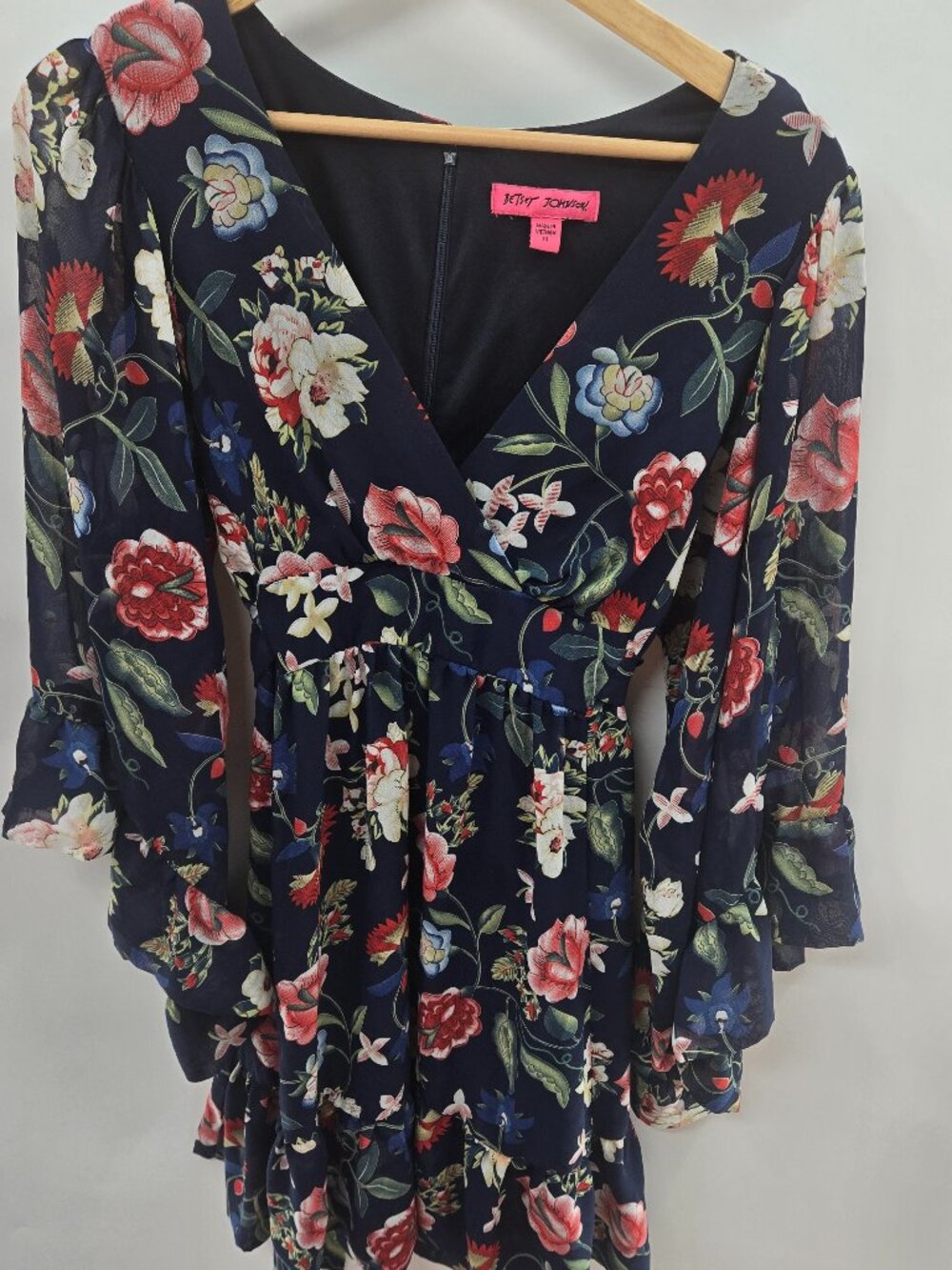 Betsey Johnson Navy Floral Bambi Garden Bell Sleeve V-Neck Babydoll Dress 10